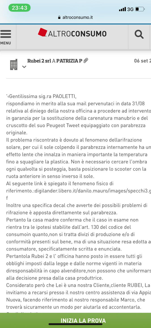 Come risponde il centro di assistenza in caso di danni da effetto lente sul tuo Scooter?